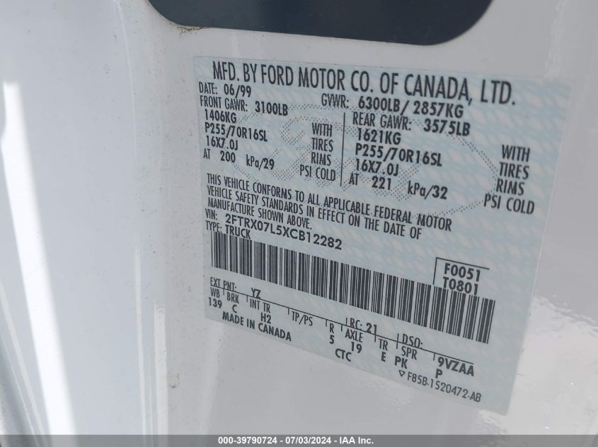 1999 Ford F150 VIN: 2FTRX07L5XCB12282 Lot: 39790724