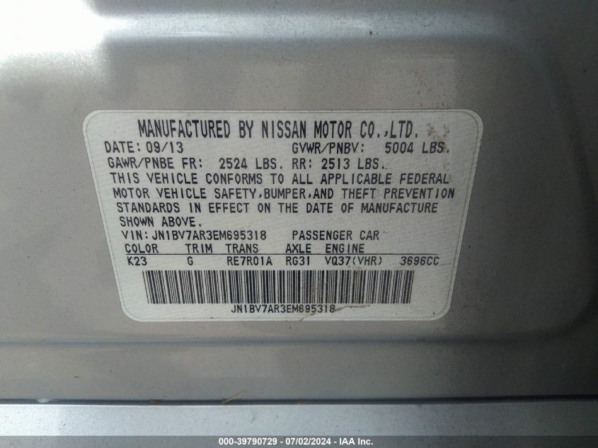 2014 Infiniti Q50 Sport VIN: JN1BV7AR3EM695318 Lot: 39790729