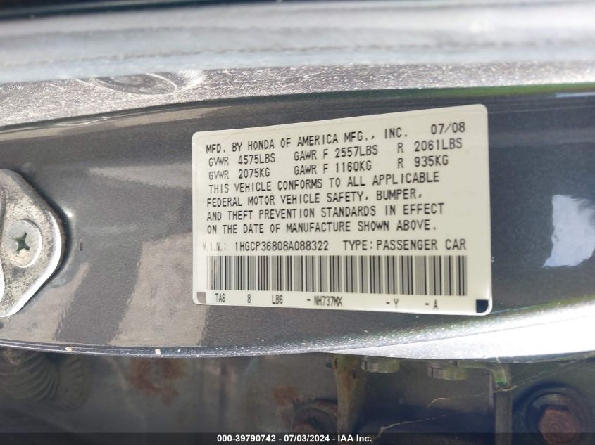 1HGCP36808A088322 2008 Honda Accord 3.5 Ex-L