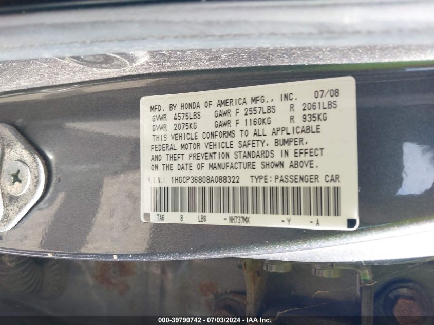 1HGCP36808A088322 | 2008 HONDA ACCORD