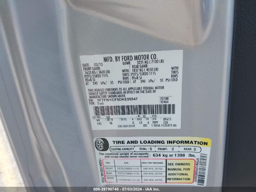 2013 Ford F150 Supercrew VIN: 1FTFW1CF5DKE55547 Lot: 39790748