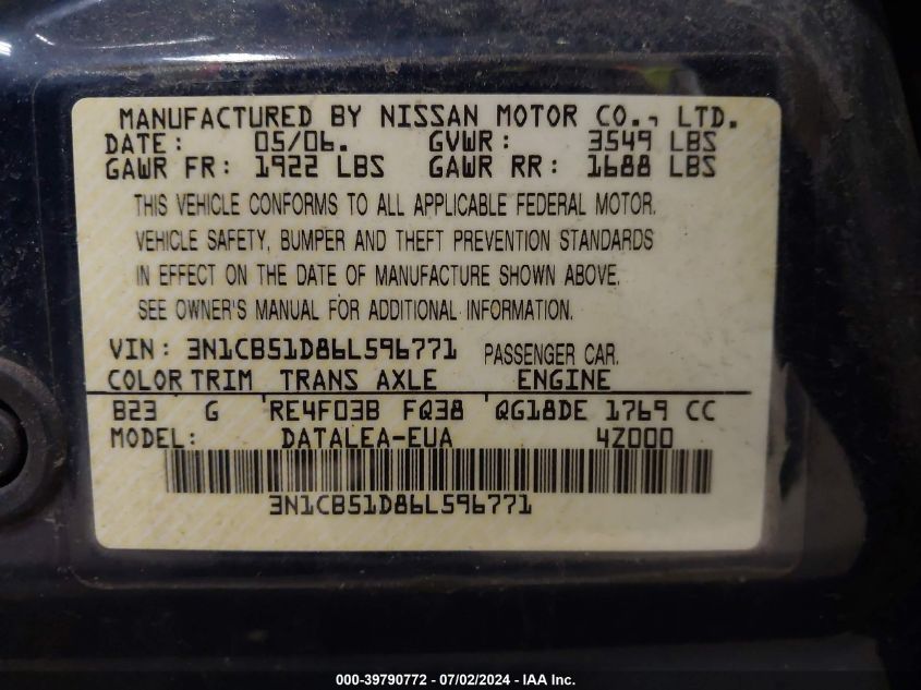 3N1CB51D86L596771 | 2006 NISSAN SENTRA