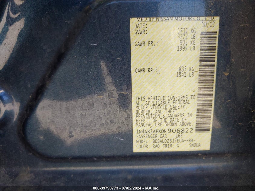 2013 Nissan Sentra Sv VIN: 1N4AB7APXDN906822 Lot: 39790773