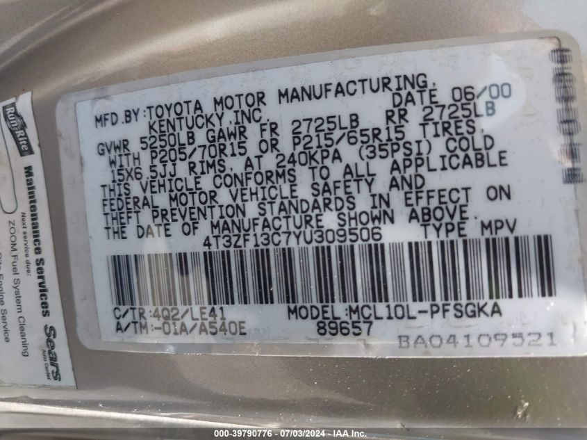 2000 Toyota Sienna Xle VIN: 4T3ZF13C7YU309506 Lot: 39790776