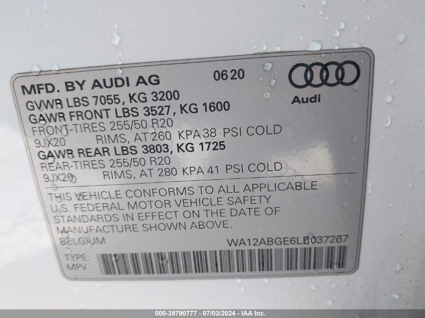 2020 Audi E-Tron Sportback Premium Plus VIN: WA12ABGE6LB037267 Lot: 39790777