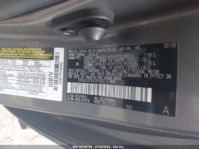 2005 Toyota Sienna Le VIN: 5TDZA23C35S291037 Lot: 39790786