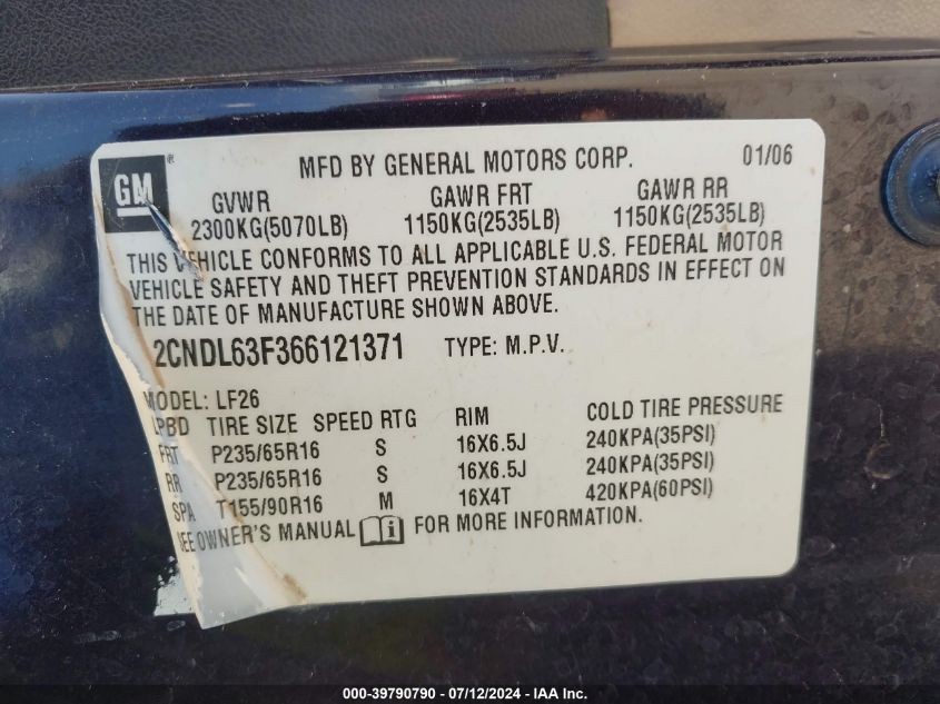 2006 Chevrolet Equinox Lt VIN: 2CNDL63F366121371 Lot: 39790790