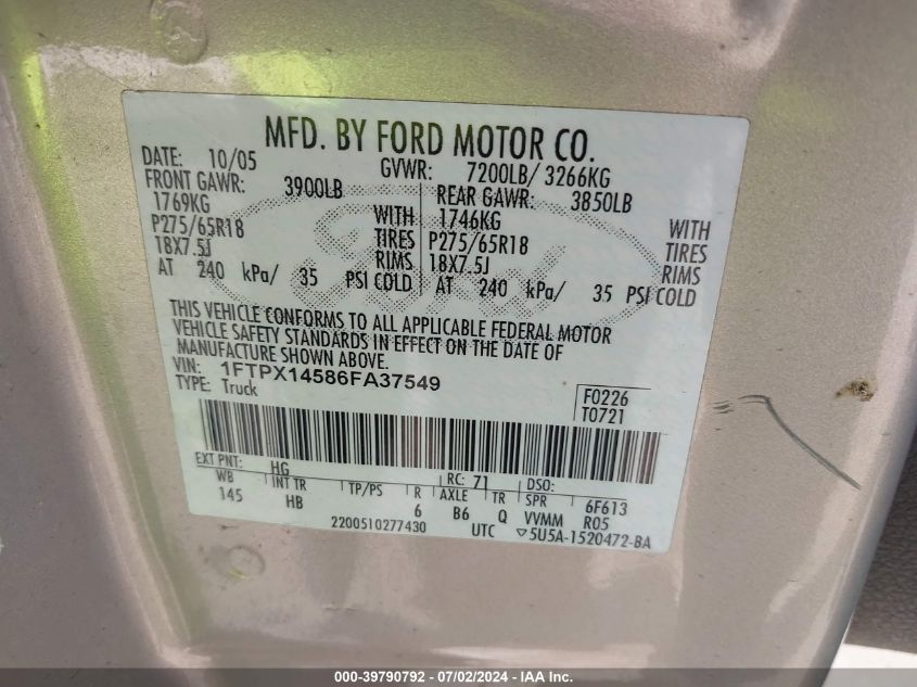 2006 Ford F-150 VIN: 1FTPX14586FA37549 Lot: 39790792