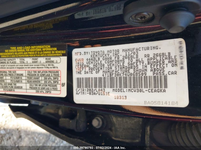 2004 Toyota Camry Xle V6 VIN: 4T1BF30K74U068509 Lot: 39790793