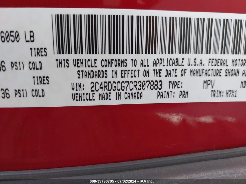 2012 Dodge Grand Caravan Sxt VIN: 2C4RDGCG7CR307883 Lot: 39790795