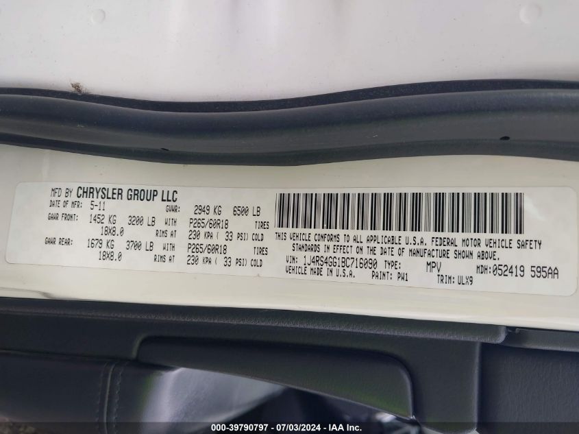 2011 Jeep Grand Cherokee Laredo VIN: 1J4RS4GG1BC716090 Lot: 39790797