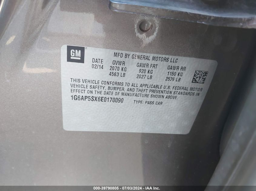 2014 Cadillac Cts VIN: 1G6AP5SX6E0170090 Lot: 39790805