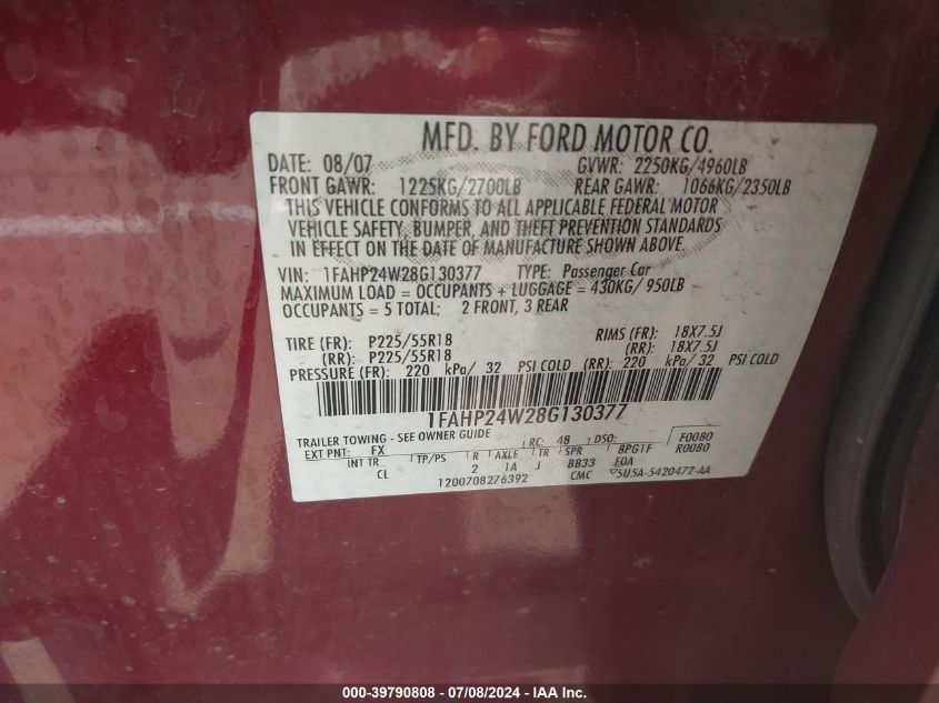 2008 Ford Taurus Sel VIN: 1FAHP24W28G130377 Lot: 39790808