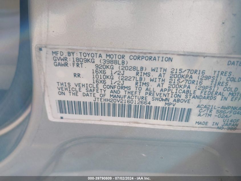 2001 Toyota Rav4 VIN: JTEHH20V216012664 Lot: 39790809