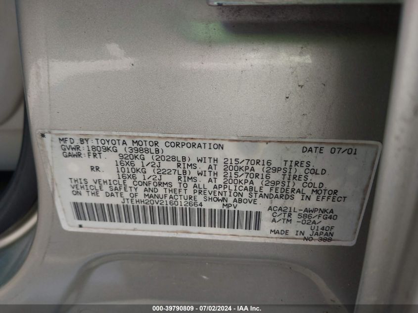 2001 Toyota Rav4 VIN: JTEHH20V216012664 Lot: 39790809