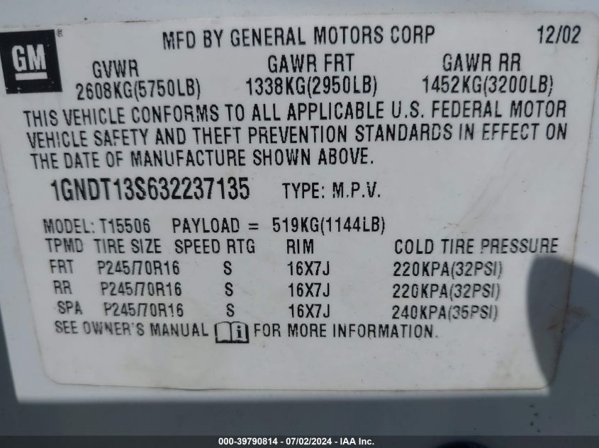 2003 Chevrolet Trailblazer Ls VIN: 1GNDT13S632237135 Lot: 39790814