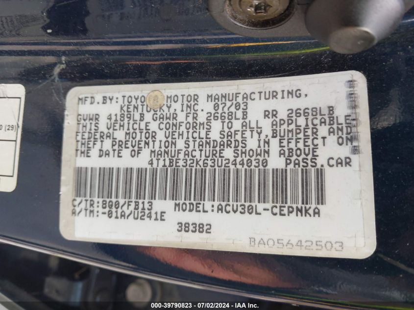 2003 Toyota Camry Le VIN: 4T1BE32K63U244030 Lot: 39790823