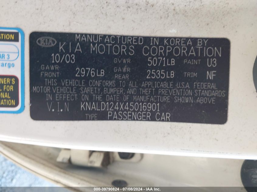 2004 Kia Amanti VIN: KNALD124X45016901 Lot: 39790824