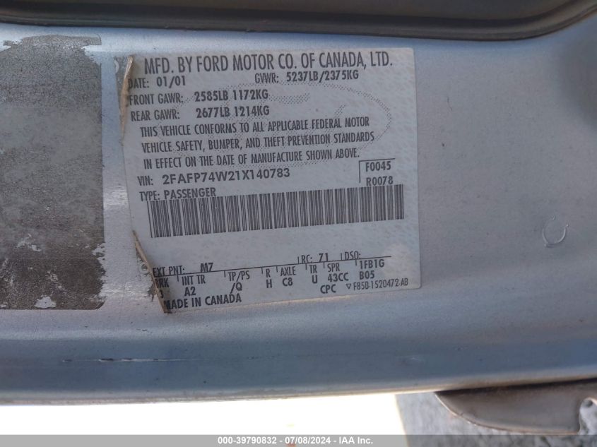 2001 Ford Crown Victoria Lx VIN: 2FAFP74W21X140783 Lot: 39790832