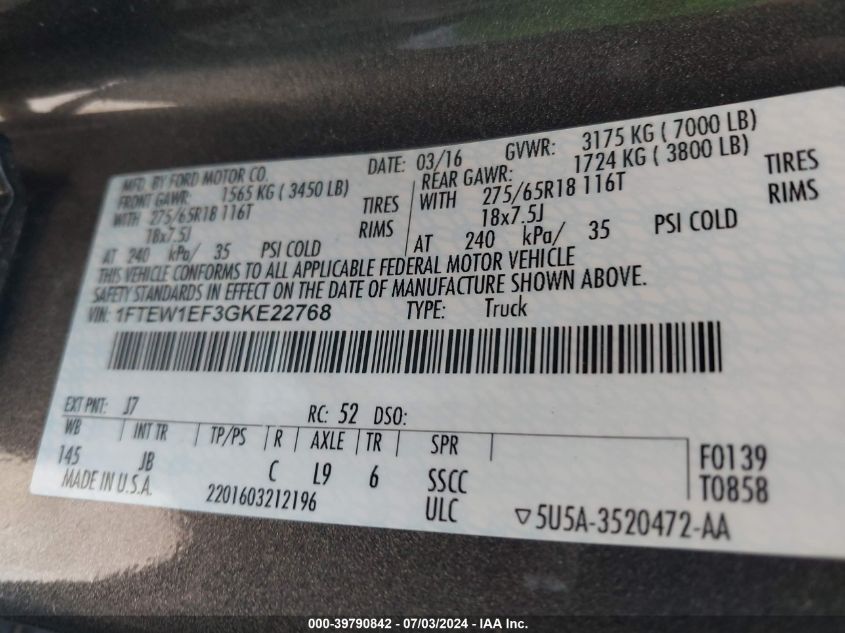 1FTEW1EF3GKE22768 2016 Ford F-150 Xlt