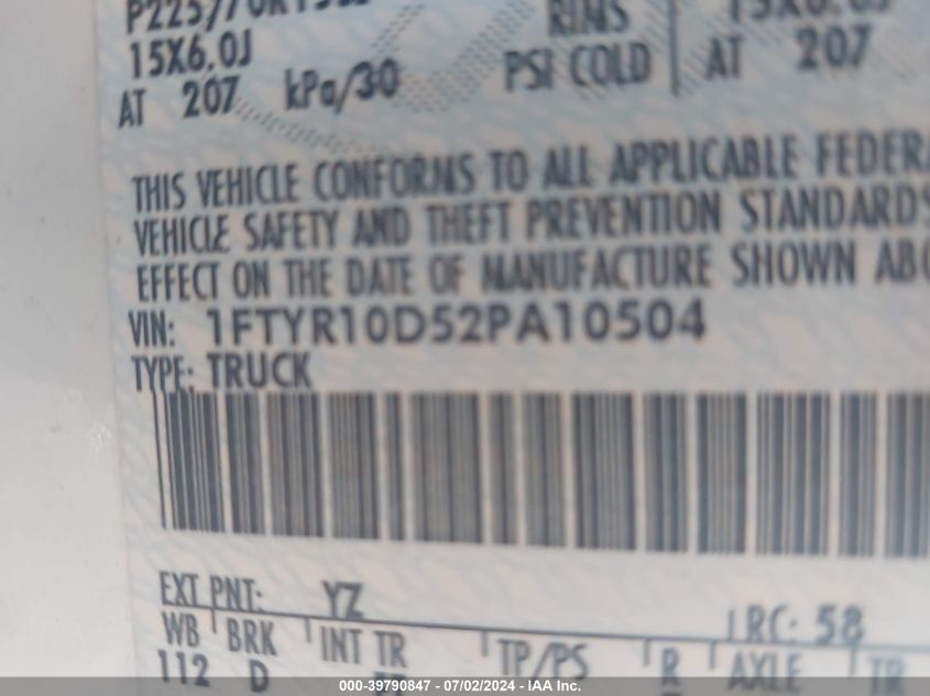 2002 Ford Ranger Xl/Xlt VIN: 1FTYR10D52PA10504 Lot: 39790847