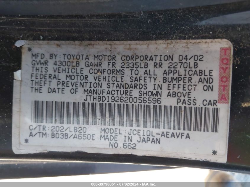 2002 Lexus Is 300 VIN: JTHBD192620056596 Lot: 39790851