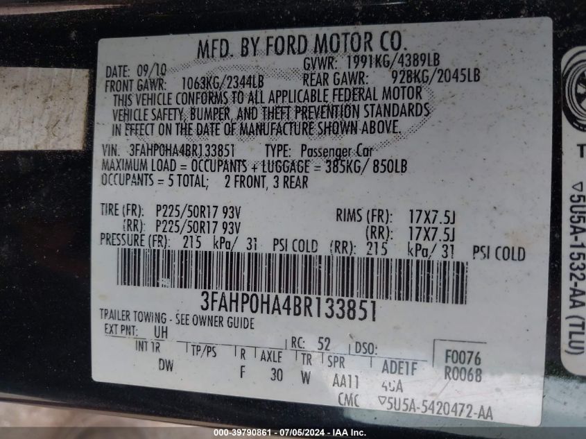 2011 Ford Fusion Se VIN: 3FAHP0HA4BR133851 Lot: 39790861