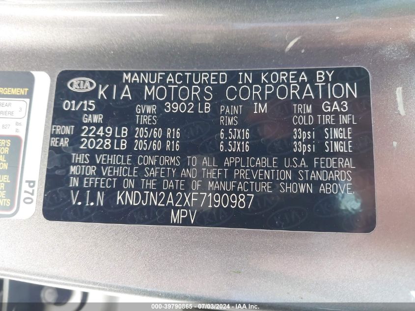 2015 Kia Soul VIN: KNDJN2A2XF7190987 Lot: 39790865