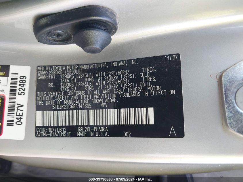 2008 Toyota Sienna Xle VIN: 5TDZK22C68S141605 Lot: 39790868