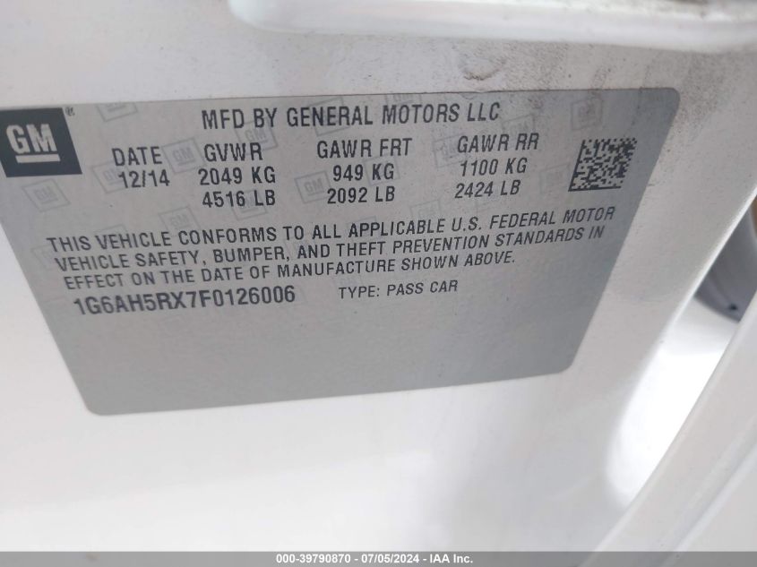 2015 Cadillac Ats Luxury VIN: 1G6AH5RX7F0126006 Lot: 39790870