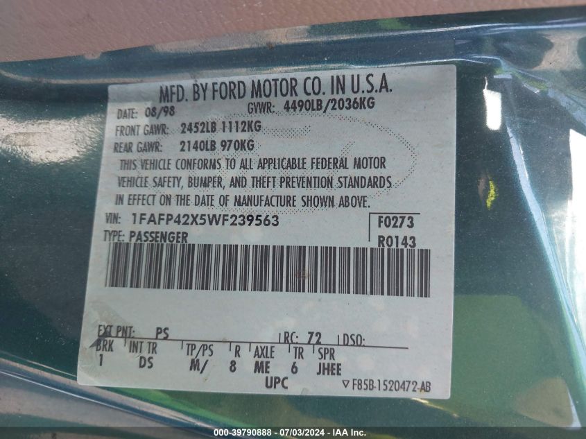 1998 Ford Mustang Gt VIN: 1FAFP42X5WF239563 Lot: 39790888