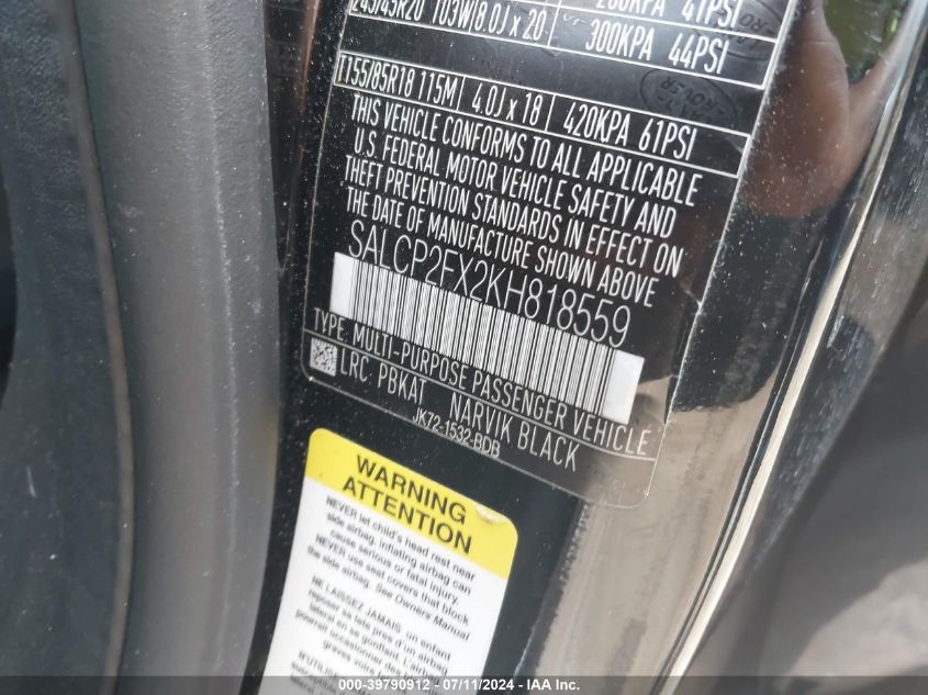 2019 Land Rover Discovery Sport Se VIN: SALCP2FX2KH818559 Lot: 39790912