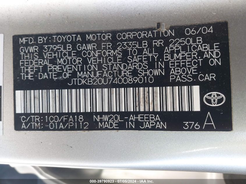 2004 Toyota Prius VIN: JTDKB20U740089010 Lot: 39790923