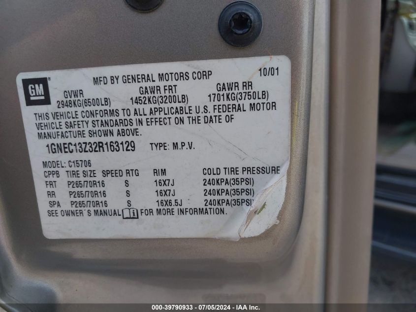 2002 Chevrolet Tahoe C1500 VIN: 1GNEC13Z32R163129 Lot: 39790933