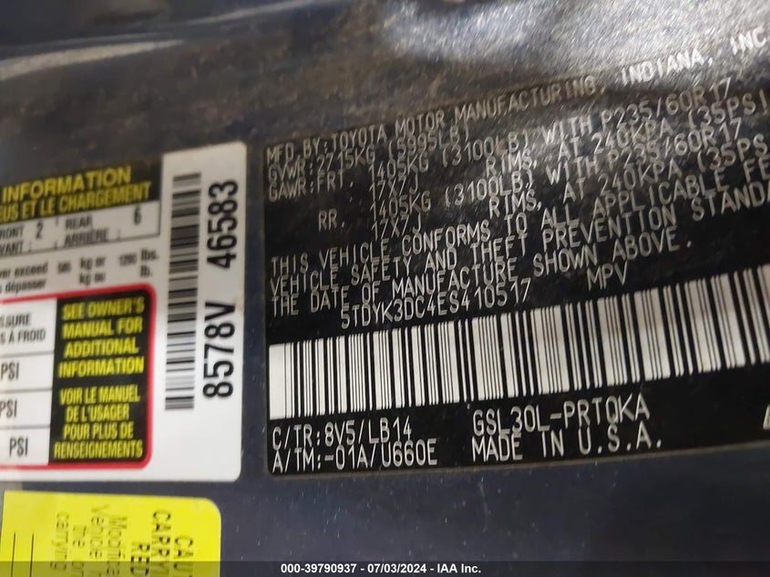 2014 Toyota Sienna Xle V6 8 Passenger VIN: 5TDYK3DC4ES410517 Lot: 39790937