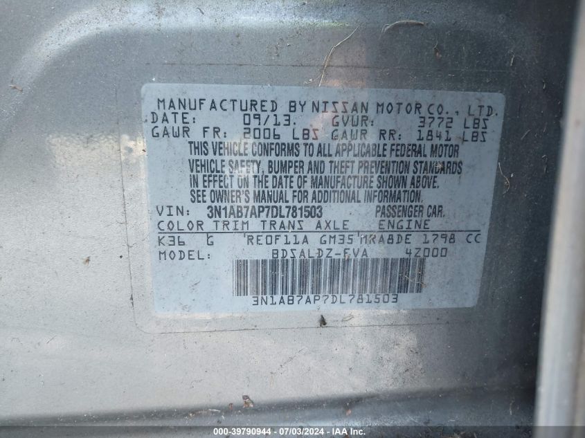 2013 Nissan Sentra Sv VIN: 3N1AB7AP7DL781503 Lot: 39790944