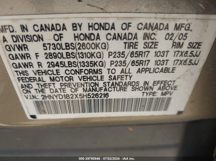 2005 Acura Mdx VIN: 2HNYD182X5H526216 Lot: 39790946
