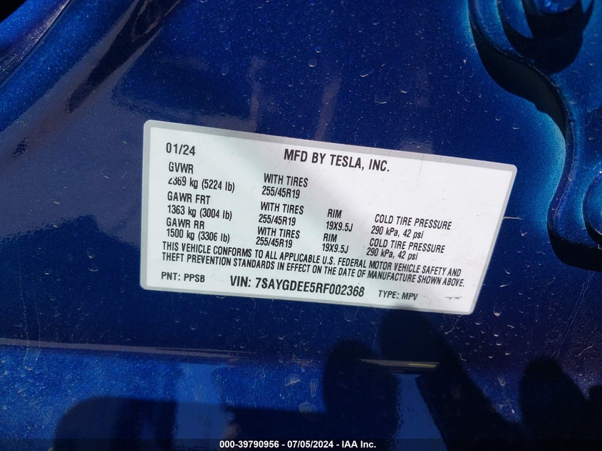 VIN 7SAYGDEE5RF002368 2024 TESLA MODEL Y