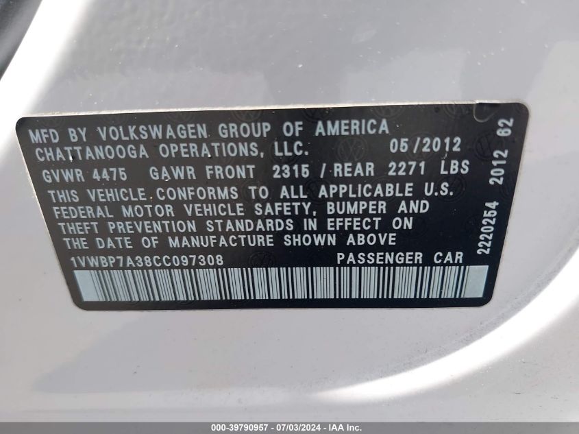 2012 Volkswagen Passat 2.5L Se VIN: 1VWBP7A38CC097308 Lot: 39790957