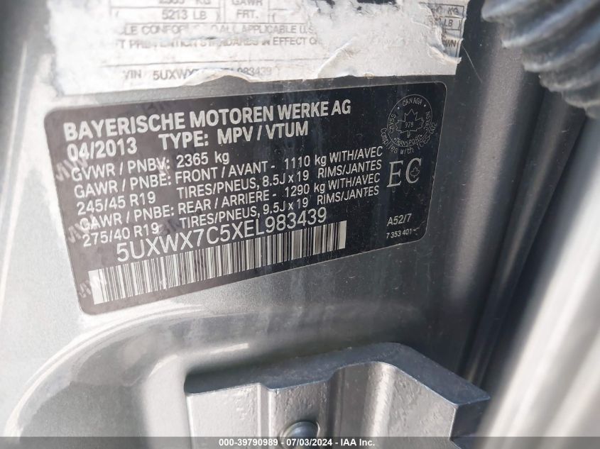 2014 BMW X3 xDrive35I VIN: 5UXWX7C5XEL983439 Lot: 39790989