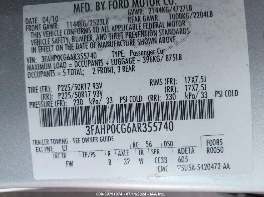 2010 Ford Fusion Sel VIN: 3FAHP0CG6AR355740 Lot: 39791074