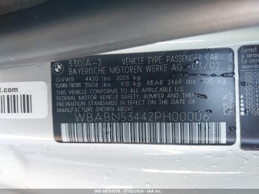 2002 BMW 330Ci VIN: WBABN53442PH00006 Lot: 39791079