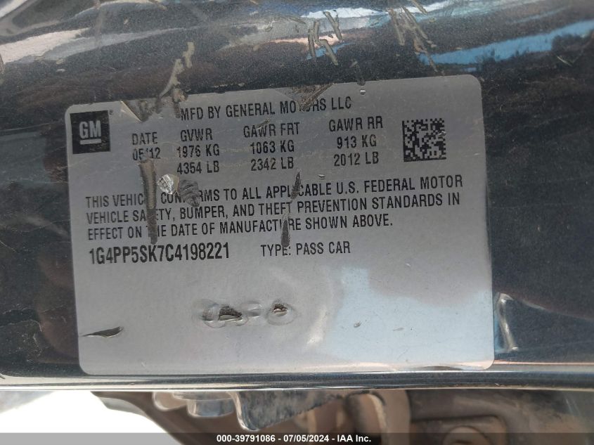 2012 Buick Verano VIN: 1G4PP5SK7C4198221 Lot: 39791086