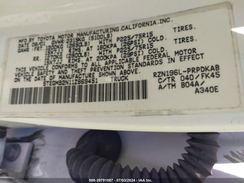 2001 Toyota Tacoma Prerunner VIN: 5TEGM92N11Z869451 Lot: 39791087