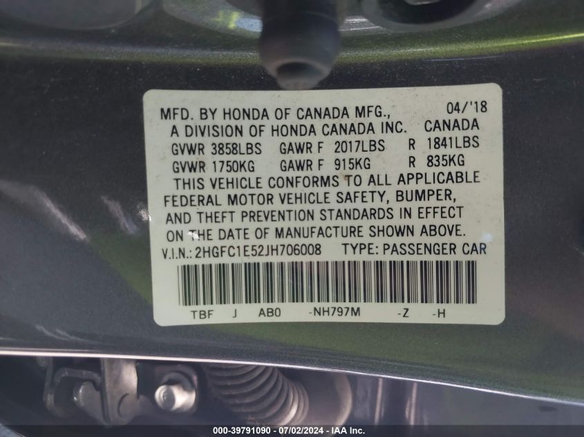 2018 Honda Civic Si VIN: 2HGFC1E52JH706008 Lot: 39791090