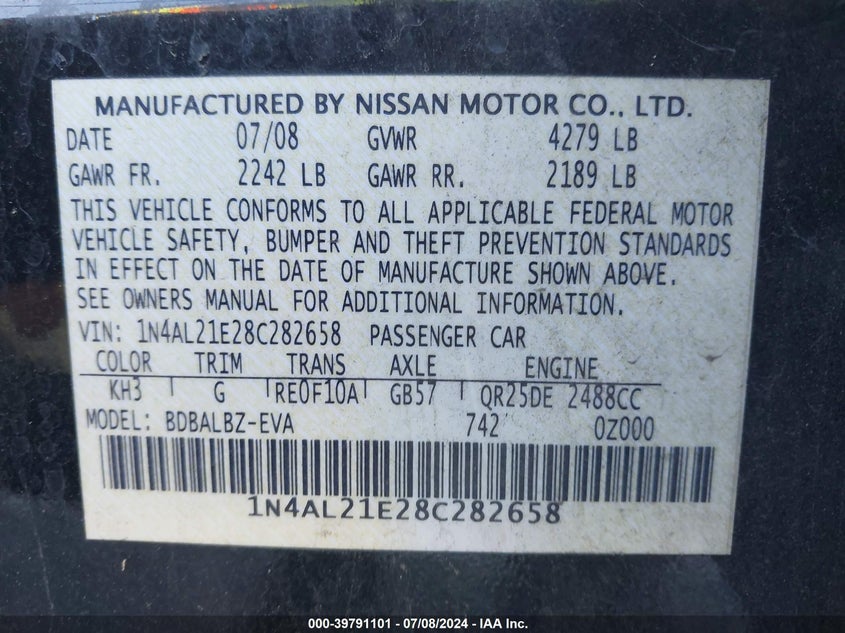 2008 Nissan Altima 2.5 S VIN: 1N4AL21E28C282658 Lot: 39791101