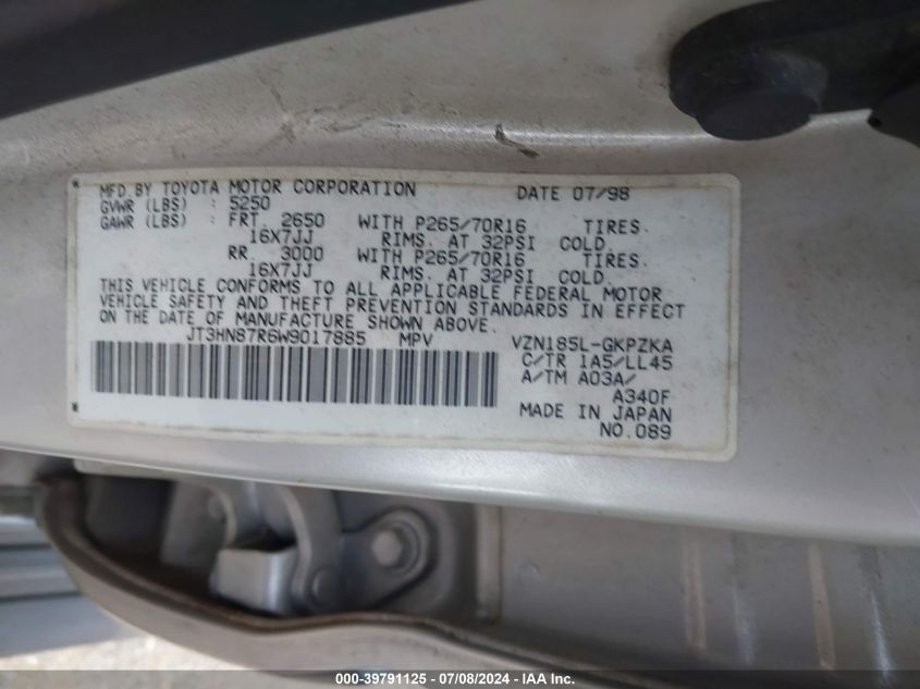 1998 Toyota 4Runner Limited VIN: JT3HN87R6W9017885 Lot: 39791125