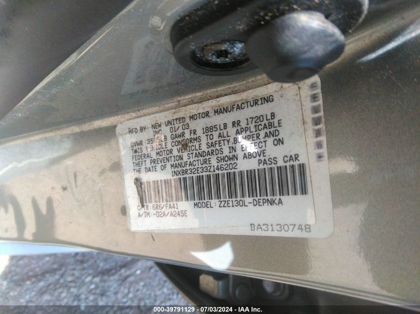 2003 Toyota Corolla Le VIN: 1NXBR32E33Z146202 Lot: 39791129