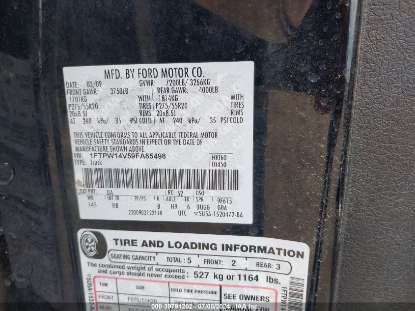 2009 Ford F-150 Fx4/King Ranch/Lariat/Platinum/Xl/Xlt VIN: 1FTPW14V59FA85498 Lot: 39791202