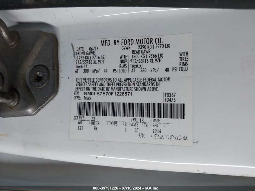 2015 Ford Transit Connect Xl VIN: NM0LS7E70F1228571 Lot: 39791226